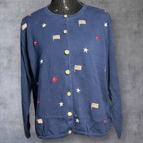 Teddi Woman 1X Cardigan Sweater Navy Patriotic American Flag Stars USA 4th of Ju - Picture 1 of 12